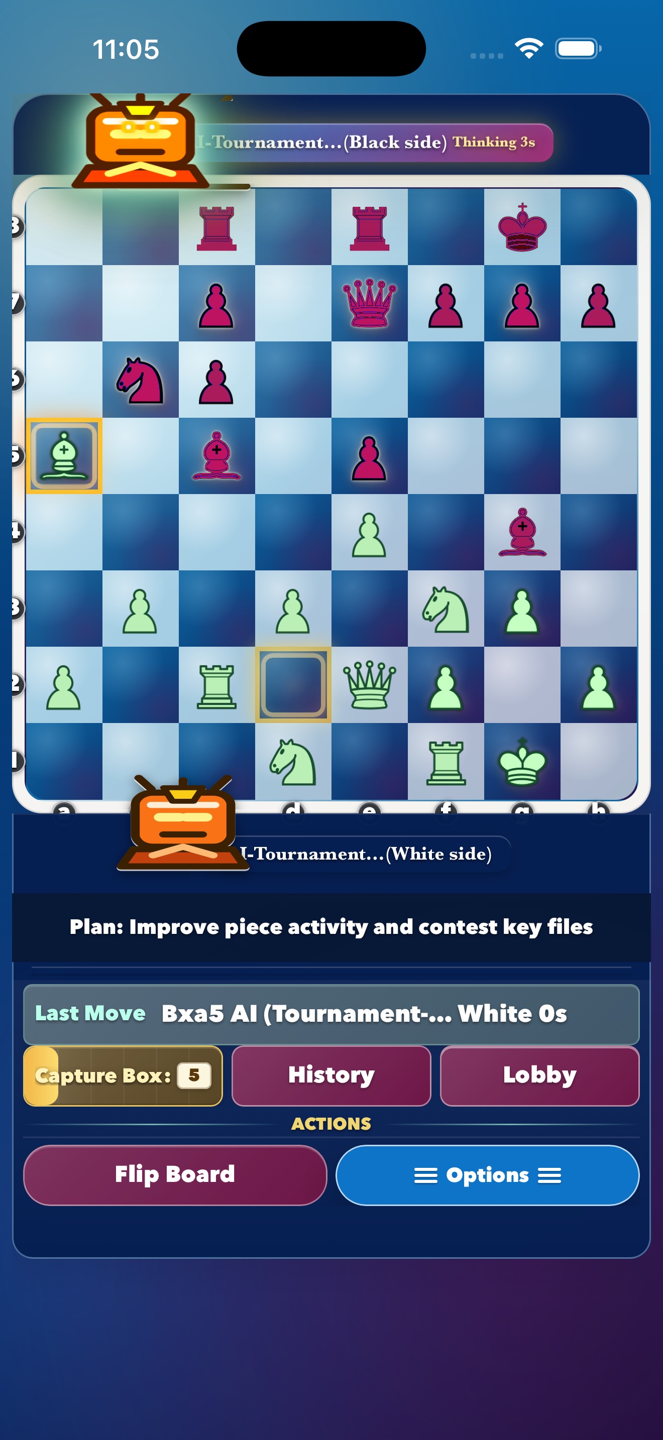 Version 1.2 Tournament AI game in progress with engine plan and play controls