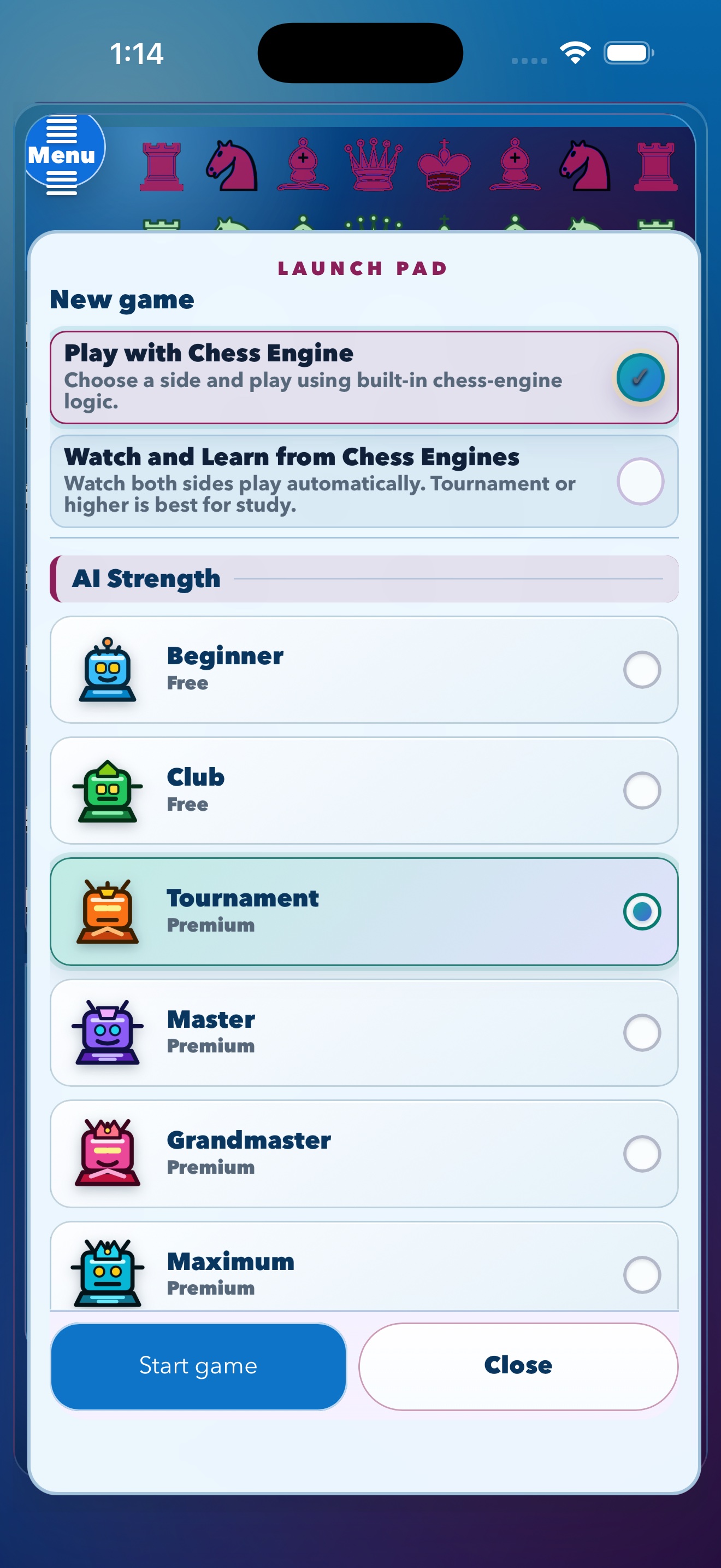 Version 1.2 AI strength selection showing free and Premium levels