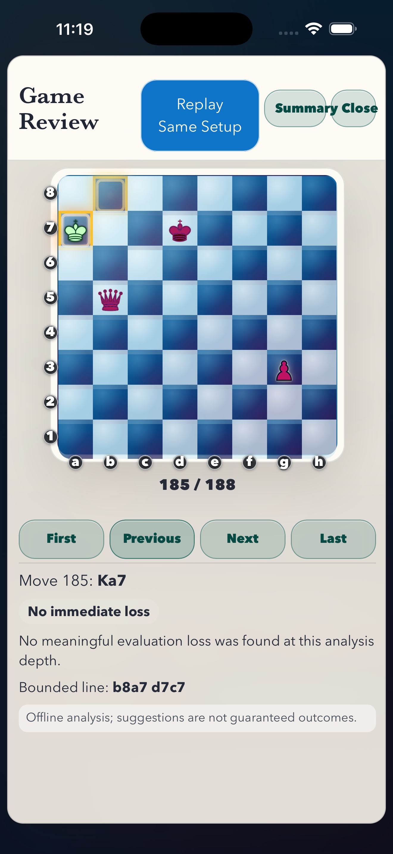 Version 1.2 move-by-move Game Review board with navigation and analysis guidance
