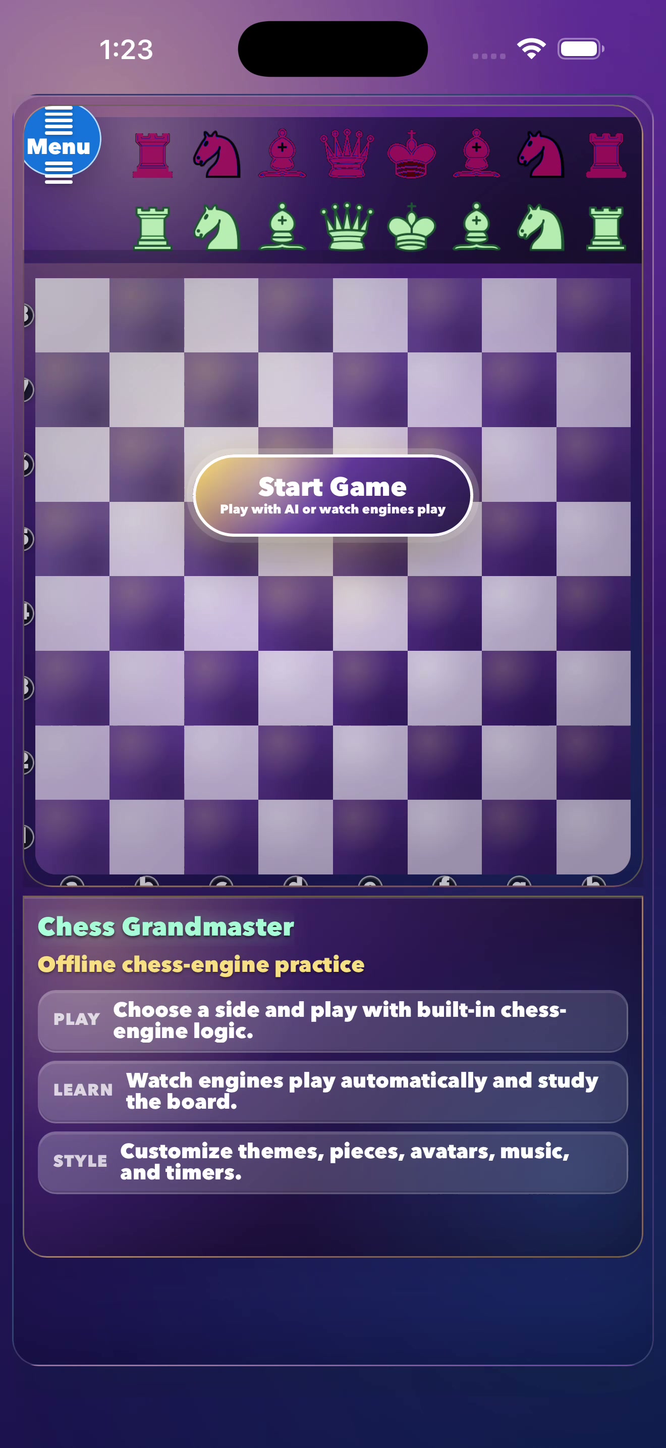 Chess Grandmaster AI welcome screen with offline play, learning, and customization options