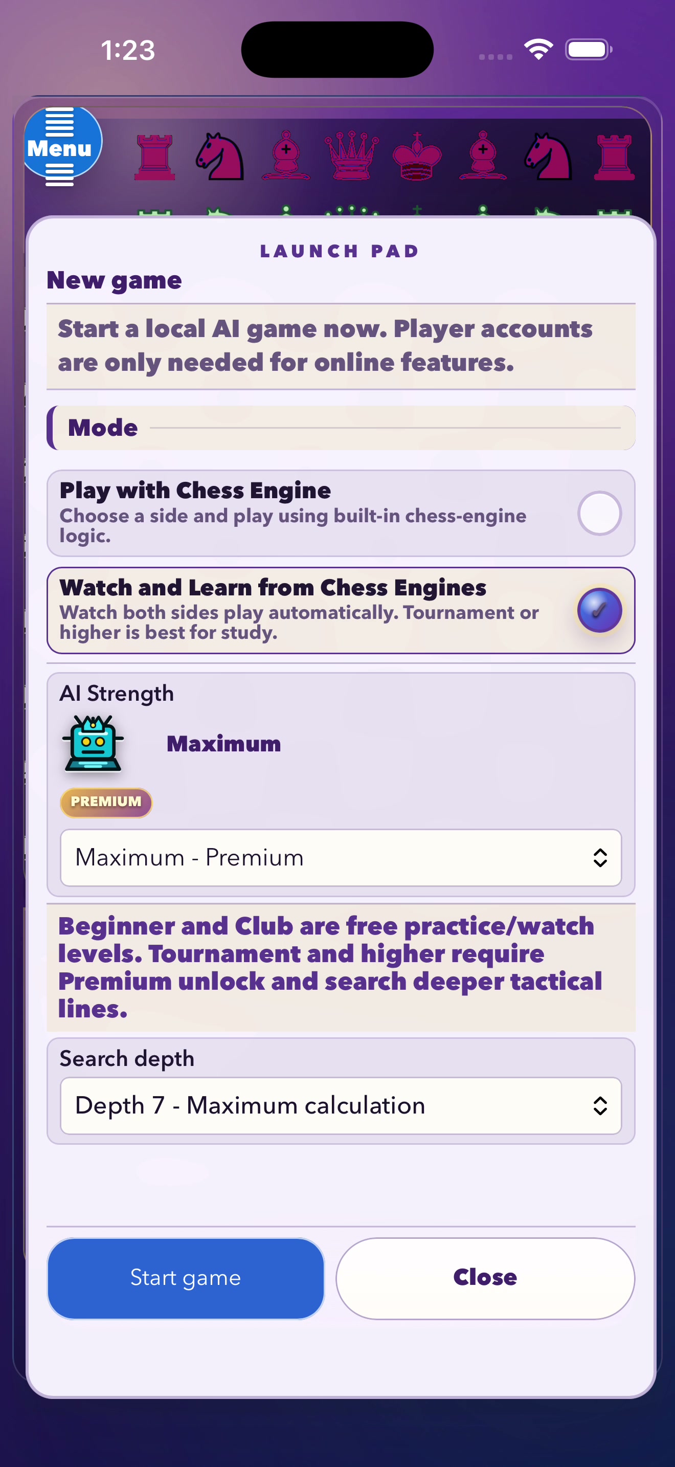 New game screen for choosing play mode and AI strength